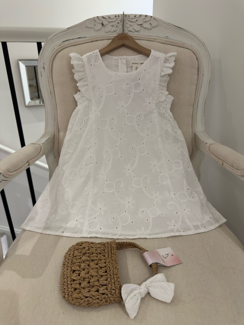 🦢 Size 6 Girls 100% Cotton Eyelet Ruffle-Sleeve Embroidered Ruffle Dress Set NWT